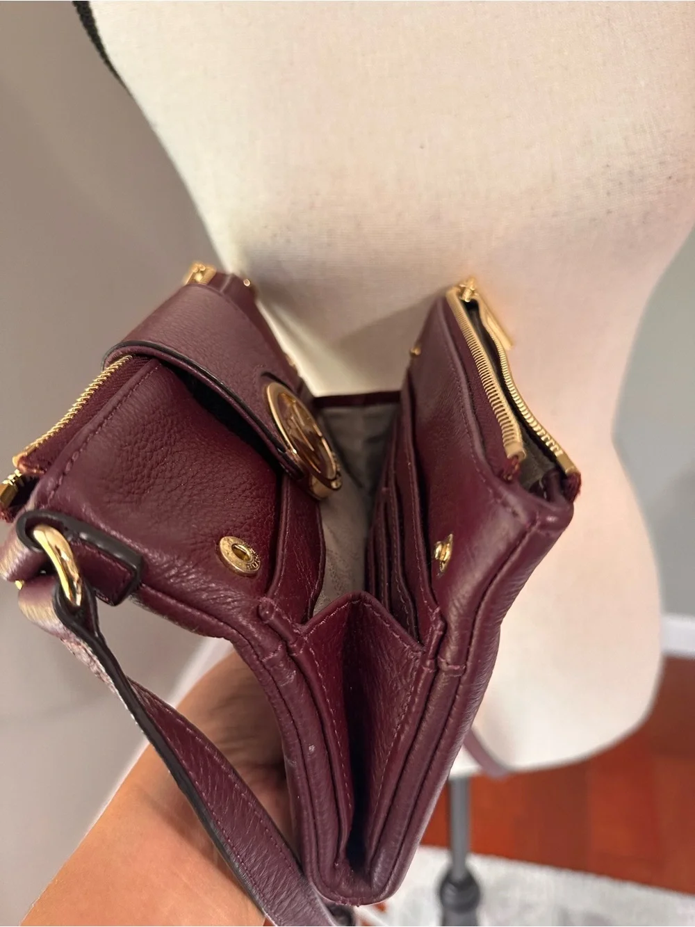 Michael Kors Merlot Pebbled Leather Crossbody with Gold MK Logo